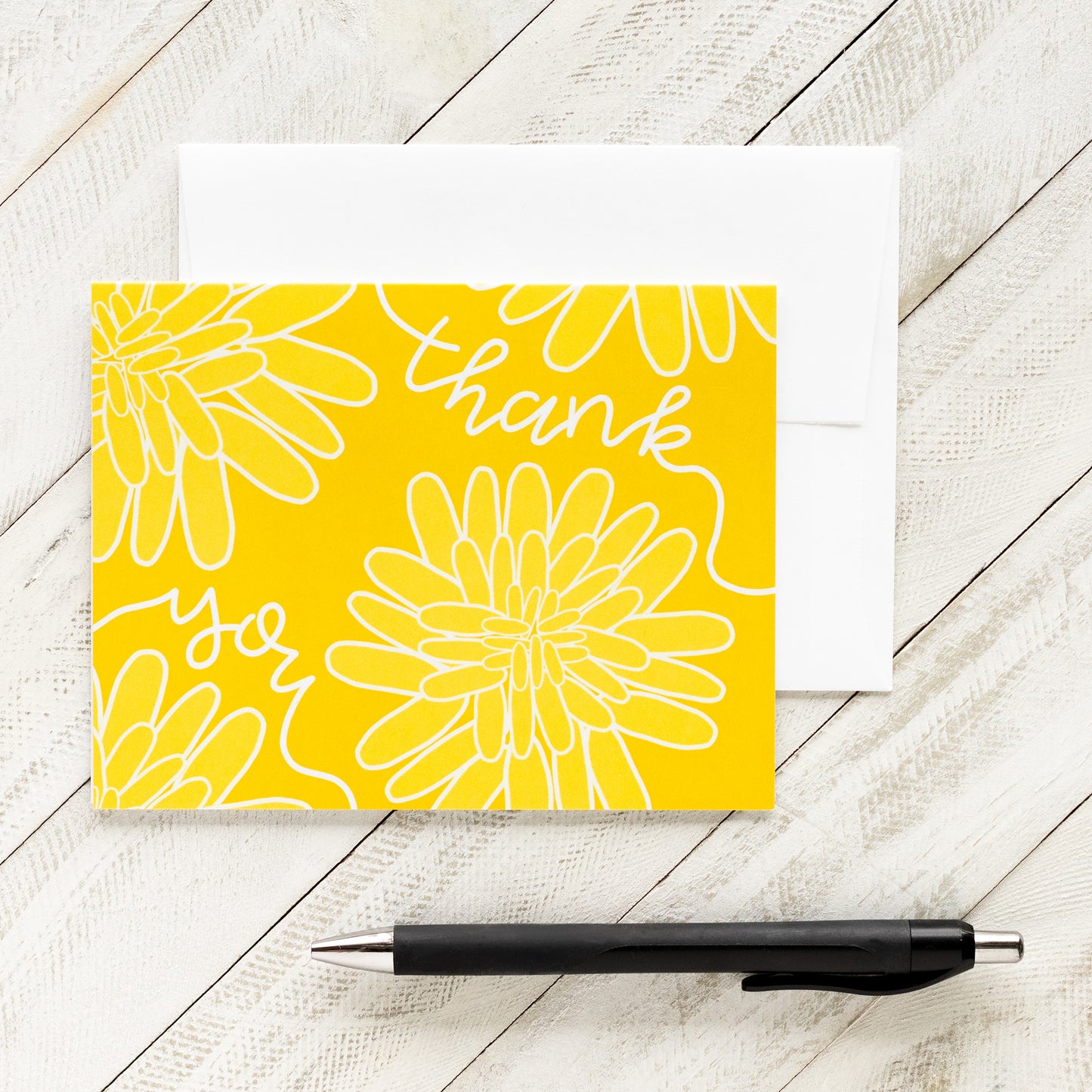 Vibrant yellow and white thank you note card with dandelion flowers